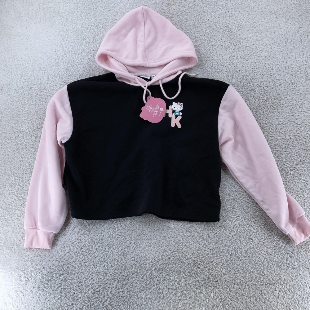 Sanrio Hello Kitty Cropped Hoodie Womens Medium Black Pink Graphic Pullover‎